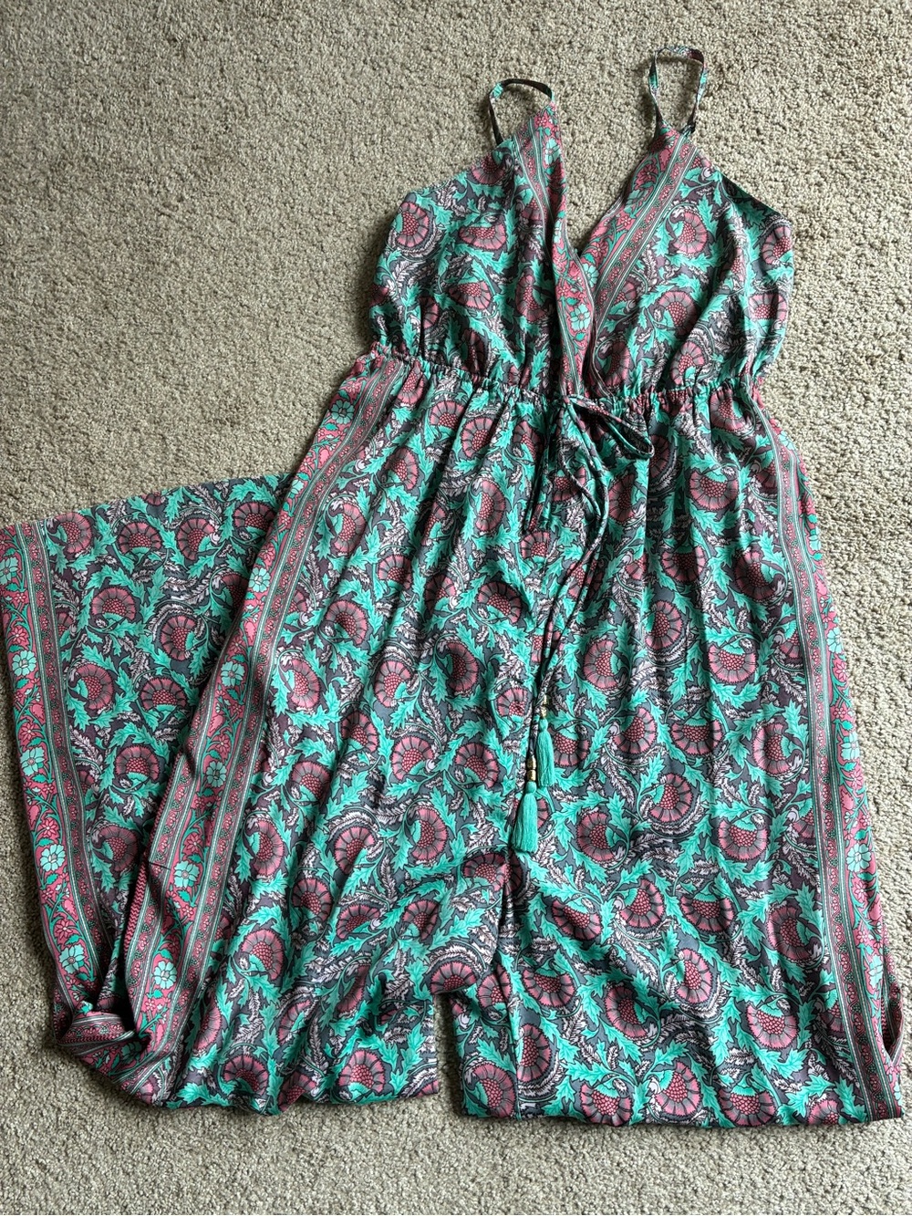 Cienna Sleeveless V-Neck Wide-Leg Jumpsuit in Teal & Pink